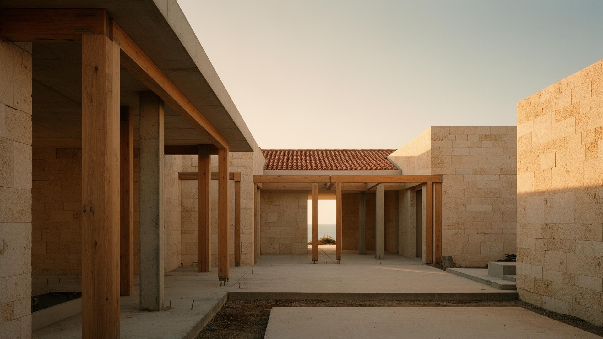 Portuguese villa under construction at golden hour
